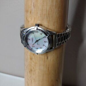 6 Inch Timex Metal Stretch Watch With Mother Of Pearl Dial